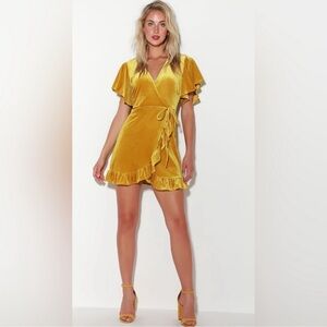 Jack by BB Dakota West Village Golden Yellow Velvet Wrap Dress